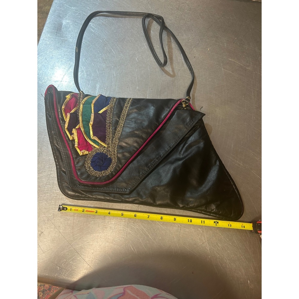 Vintage Colini Handbags USA Black Leather Asymmetrical Ruffle Crossbody Bag
